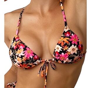 Zaful Floral Tied Front Bikini Top Orange Pink Tie Front Padded Adjustable S